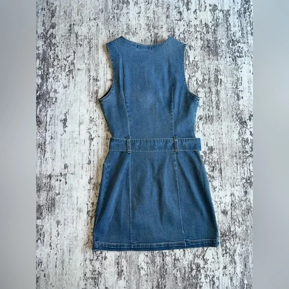 NWOT! Rewash Blue Denim Zip Front BodyCon TankTop Jean Dress with Belt Medium - Picture 5 of 7